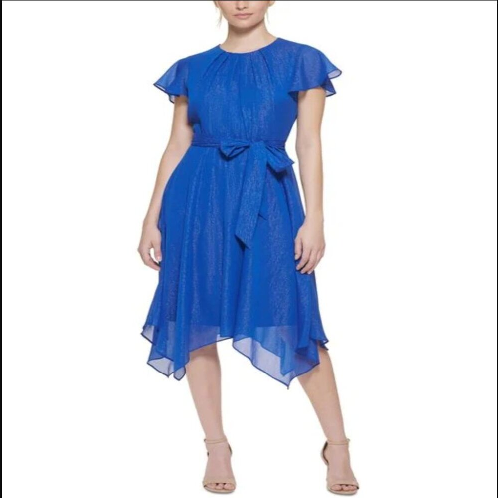 Jessica Howard Royal Blue Flutter Sleeve Metallic Dress Size 6P
